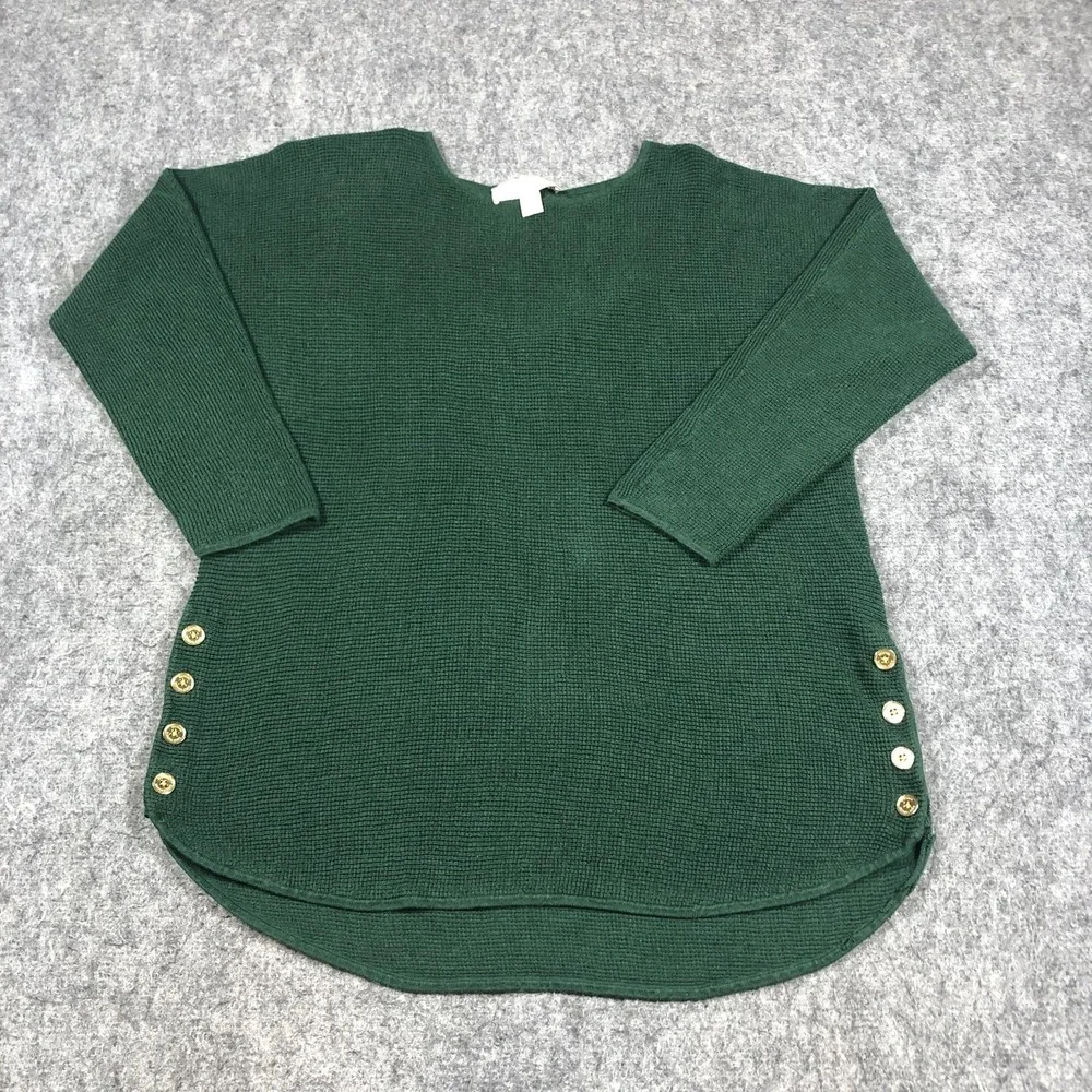 MICHAEL Michael Kors Sweater Womens M Green Waffle Knit Side Button Tunic Top